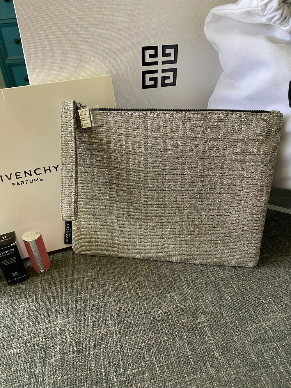 GIvenchy Sparkling Silver Metallic Mesh Wristlet Pouch Set